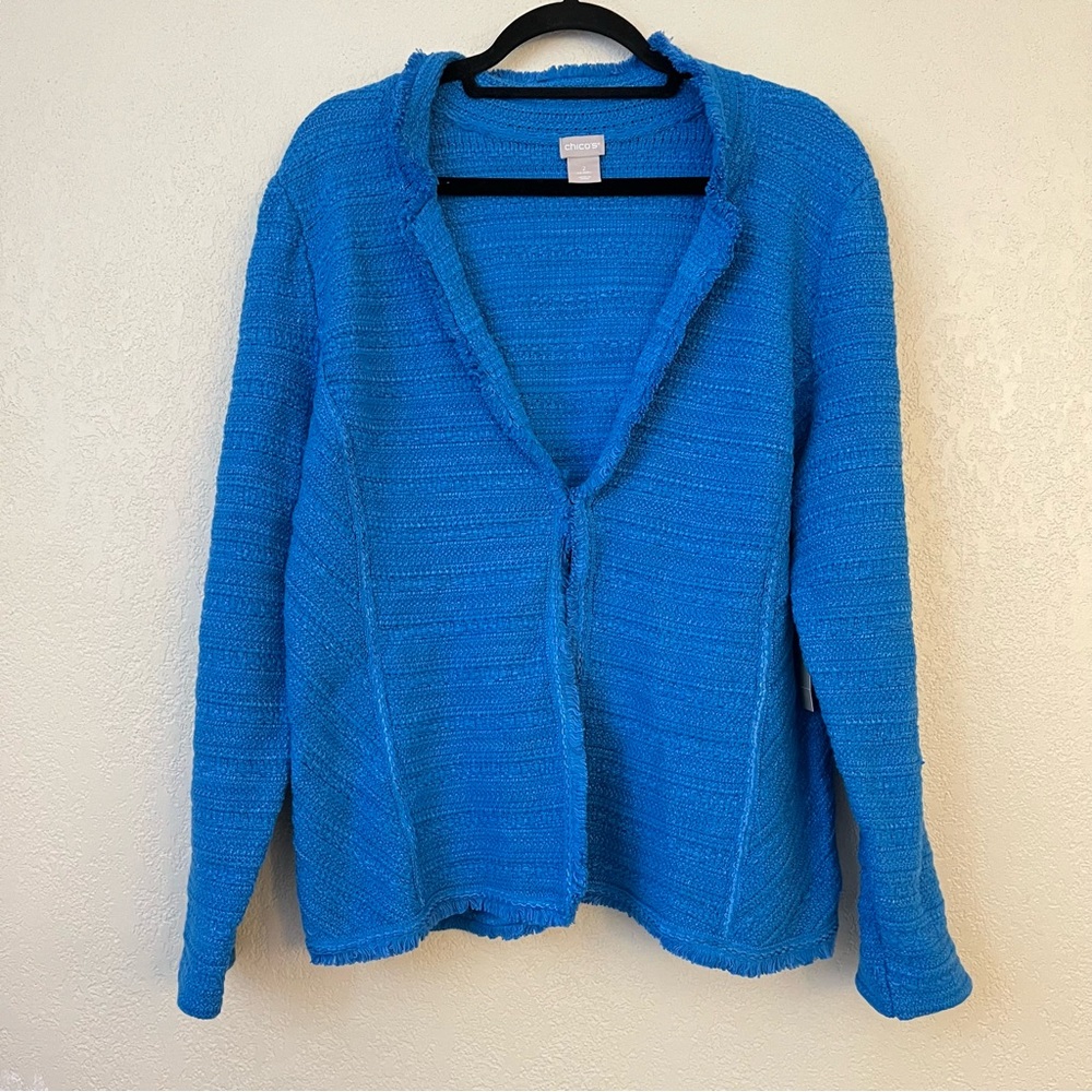 Chico’s Textured Jacket Cardigan Business Wear Simply Cyan 2 US Large - Picture 2 of 12